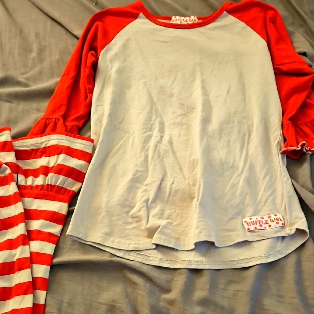 12/14 Ruffle Girl Red and Gray Raglan Sleeve Top - Picture 1 of 5